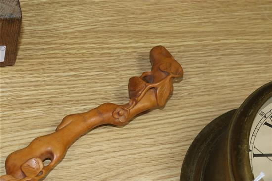 A Chinese wood ruyi sceptre, a Yixing teapot and a ceramic wall pocket ruyi sceptre length 47cm